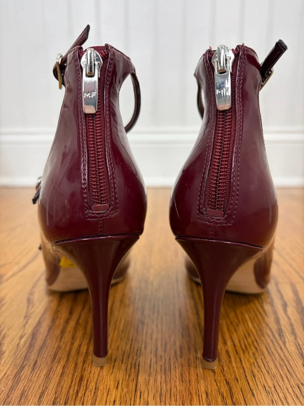 Marc Fisher Patent Triple-Strap Pointed-Toe Mary Jane Burgundy Heels (6.5)
